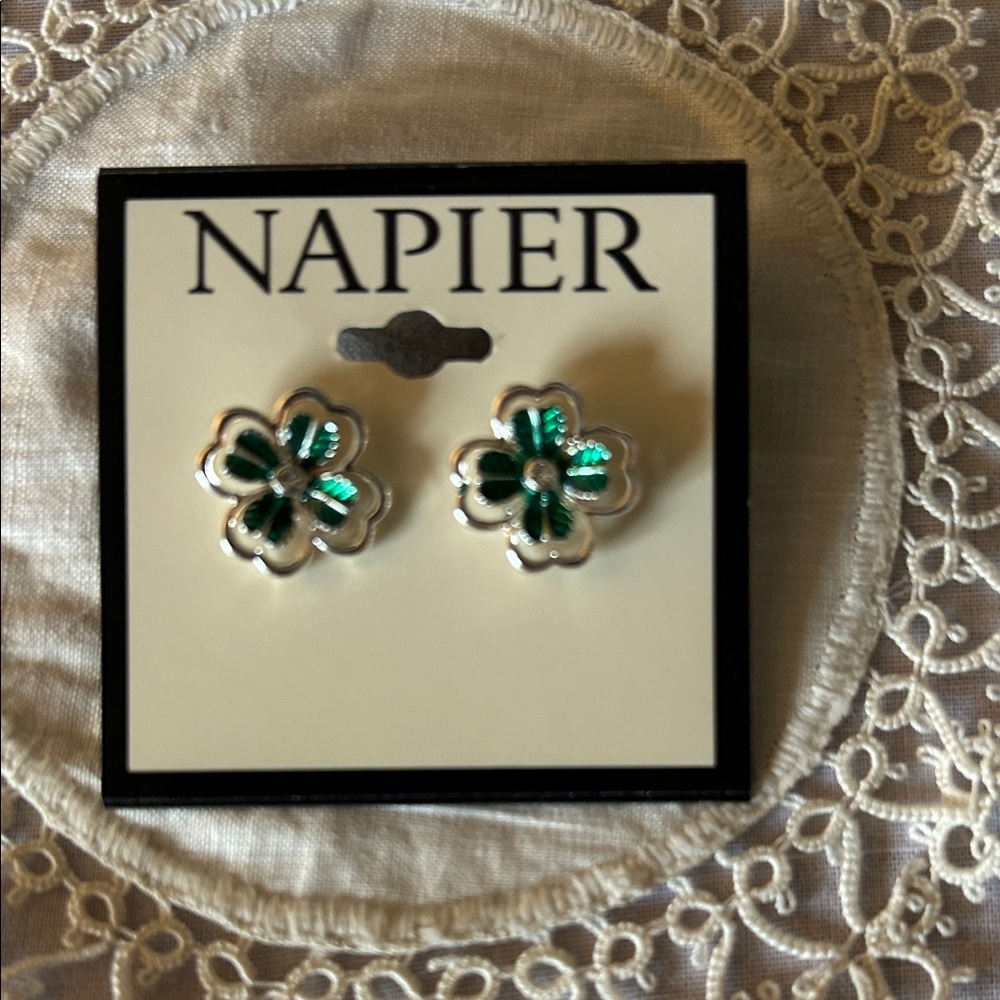 NWT Napier Silver-Tone Earrings with Green Enamel Clover Motif